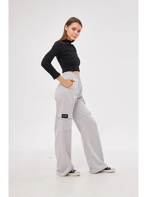 Kargo Cepli Palazzo Oversize Kesim İki İplik Bol Paça Eşofman Altı Pantalon - Gri