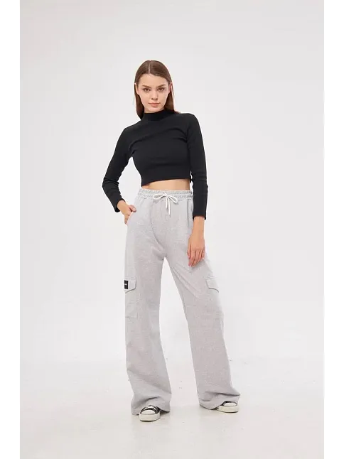 Kargo Cepli Palazzo Oversize Kesim İki İplik Bol Paça Eşofman Altı Pantalon - Gri