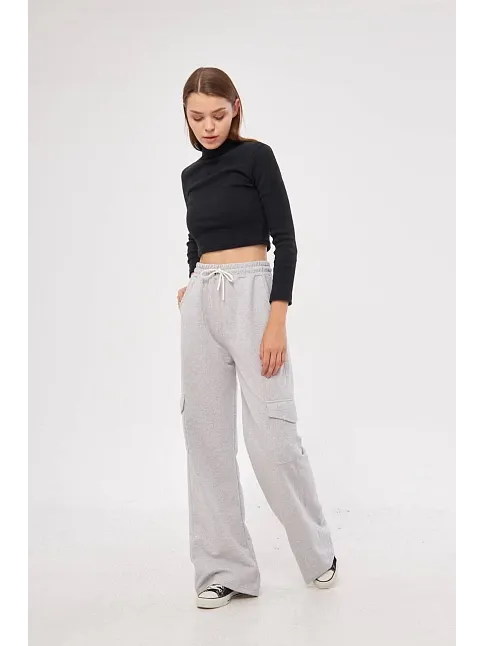 Kargo Cepli Palazzo Oversize Kesim İki İplik Bol Paça Eşofman Altı Pantalon - Gri