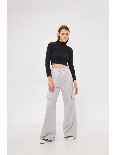 Kargo Cepli Palazzo Oversize Kesim İki İplik Bol Paça Eşofman Altı Pantalon - Gri