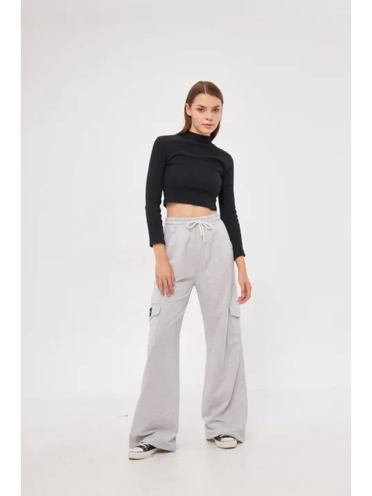 Kargo Cepli Palazzo Oversize Kesim İki iplik Bol Paça Eşofman Altı Pantalon - Gri