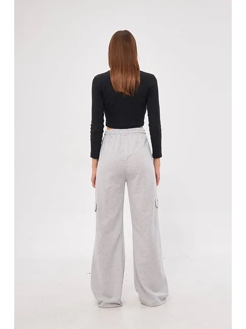 Kargo Cepli Palazzo Oversize Kesim İki İplik Bol Paça Eşofman Altı Pantalon - Gri