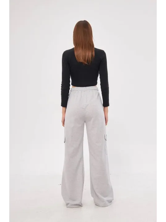 Kargo Cepli Palazzo Oversize Kesim İki iplik Bol Paça Eşofman Altı Pantalon - Gri