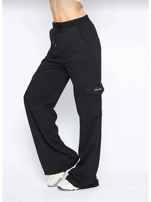 Kargo Cepli Palazzo Oversize Kesim İki İplik Bol Paça Eşofman Altı Pantalon - Siyah