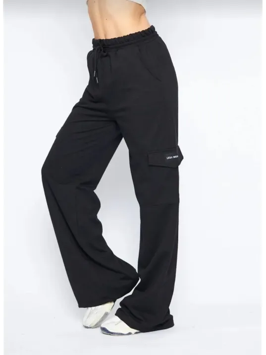 Kargo Cepli Palazzo Oversize Kesim İki İplik Bol Paça Eşofman Altı Pantalon - Siyah