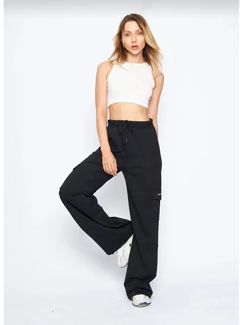 Kargo Cepli Palazzo Oversize Kesim İki İplik Bol Paça Eşofman Altı Pantalon - Siyah
