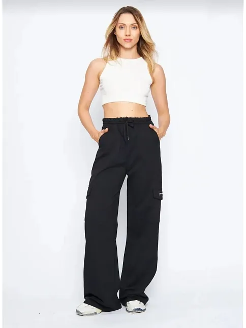Kargo Cepli Palazzo Oversize Kesim İki İplik Bol Paça Eşofman Altı Pantalon - Siyah