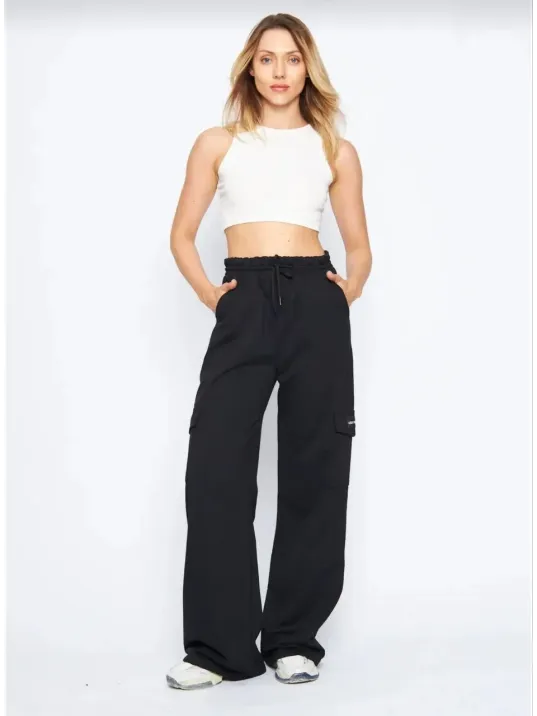 Kargo Cepli Palazzo Oversize Kesim İki İplik Bol Paça Eşofman Altı Pantalon - Siyah