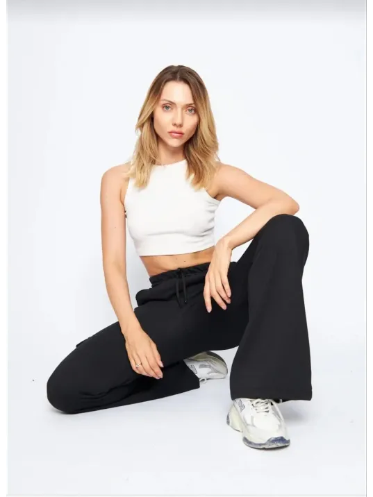 Kargo Cepli Palazzo Oversize Kesim İki İplik Bol Paça Eşofman Altı Pantalon - Siyah