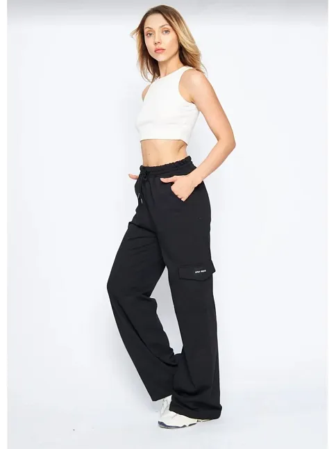 Kargo Cepli Palazzo Oversize Kesim İki İplik Bol Paça Eşofman Altı Pantalon - Siyah