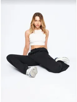 Kargo Cepli Palazzo Oversize Kesim İki İplik Bol Paça Eşofman Altı Pantalon - Siyah