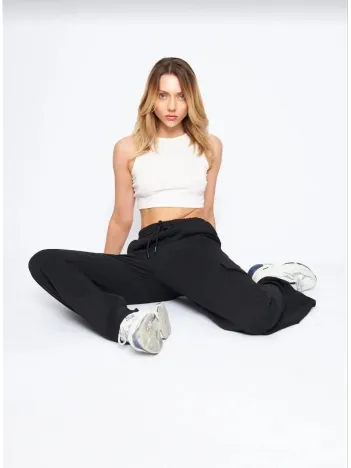 Kargo Cepli Palazzo Oversize Kesim İki İplik Bol Paça Eşofman Altı Pantalon - Siyah