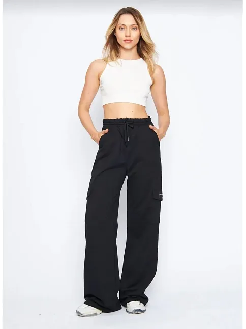 Kargo Cepli Palazzo Oversize Kesim İki İplik Bol Paça Eşofman Altı Pantalon - Siyah