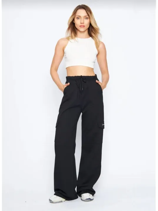 Kargo Cepli Palazzo Oversize Kesim İki İplik Bol Paça Eşofman Altı Pantalon - Siyah