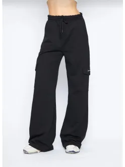 Kargo Cepli Palazzo Oversize Kesim İki İplik Bol Paça Eşofman Altı Pantalon - Siyah