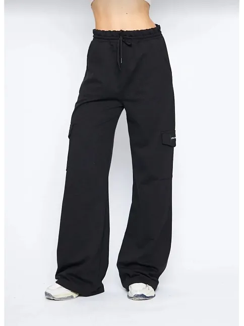 Kargo Cepli Palazzo Oversize Kesim İki İplik Bol Paça Eşofman Altı Pantalon - Siyah