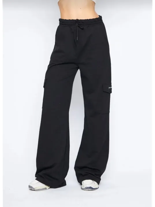 Kargo Cepli Palazzo Oversize Kesim İki İplik Bol Paça Eşofman Altı Pantalon - Siyah