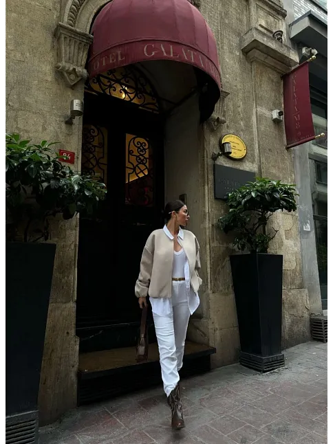 Kaşe Kaşmir Fermuarlı Ceket - Bej