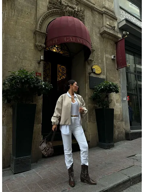 Kaşe Kaşmir Fermuarlı Ceket - Bej