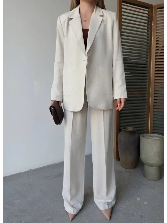 Keten Ceket Pantolon İlik Düğmeli Uzun Kollu Yırtmaçlı ikili Takım - Beyaz