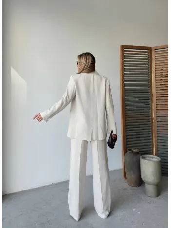 Keten Ceket Pantolon İlik Düğmeli Uzun Kollu Yırtmaçlı ikili Takım - Beyaz Keten Ceket Pantolon İlik Düğmeli Uzun Kollu Yırtmaçlı ikili Takım - Beyaz