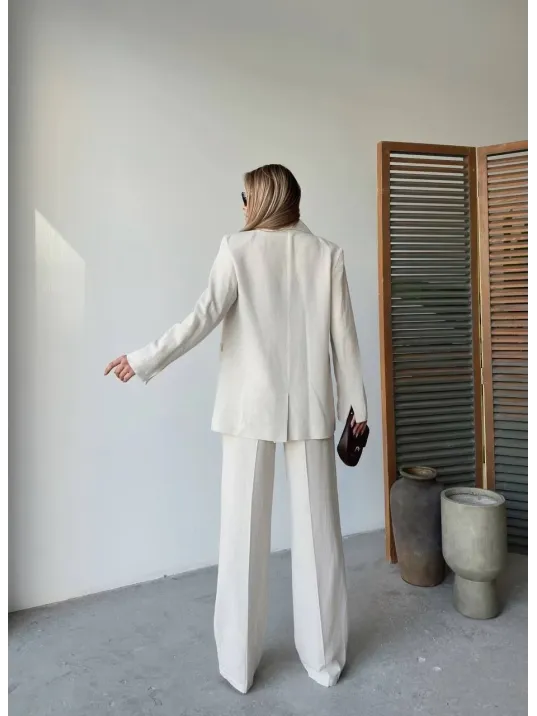 Keten Ceket Pantolon İlik Düğmeli Uzun Kollu Yırtmaçlı ikili Takım - Beyaz