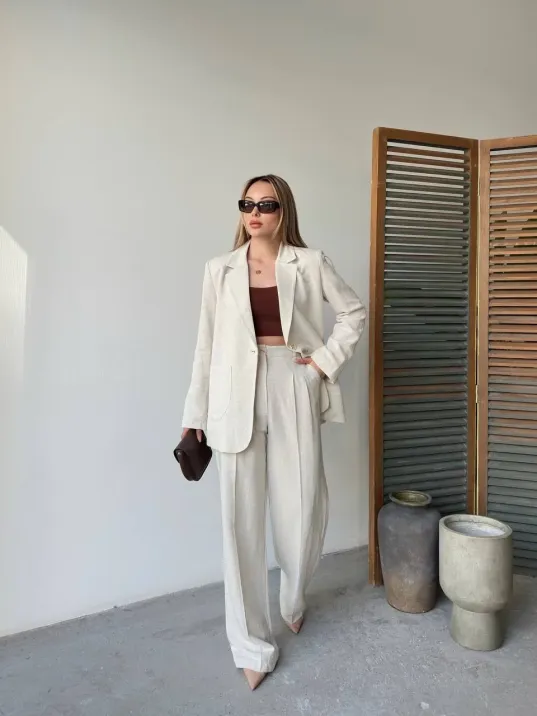 Keten Ceket Pantolon İlik Düğmeli Uzun Kollu Yırtmaçlı ikili Takım - Beyaz
