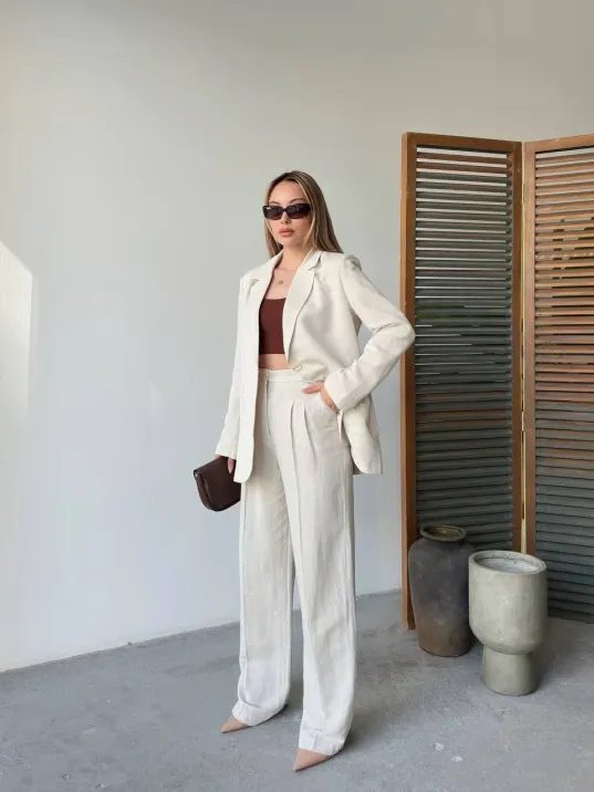 Keten Ceket Pantolon İlik Düğmeli Uzun Kollu Yırtmaçlı ikili Takım - Beyaz