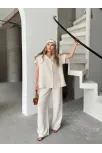 Keten Kısa Kollu Cepli Gömlek Pantolon İkili Takım - Beyaz