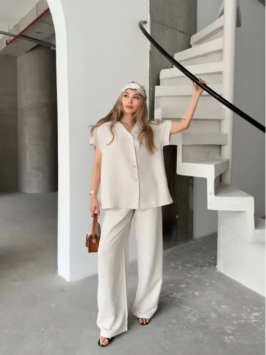 Keten Kısa Kollu Cepli Gömlek Pantolon ikili Takım - Beyaz