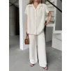 Keten Kısa Kollu Cepli Gömlek Pantolon ikili Takım - Beyaz