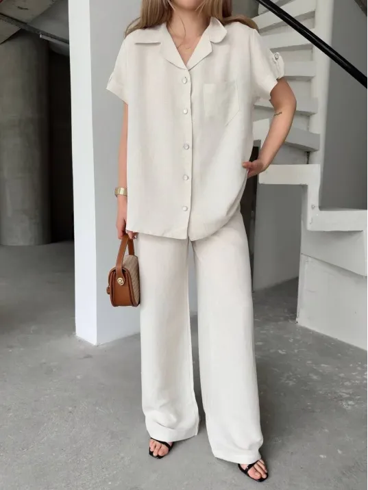 Keten Kısa Kollu Cepli Gömlek Pantolon ikili Takım - Beyaz