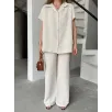Keten Kısa Kollu Cepli Gömlek Pantolon ikili Takım - Beyaz