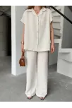 Keten Kısa Kollu Cepli Gömlek Pantolon İkili Takım - Beyaz