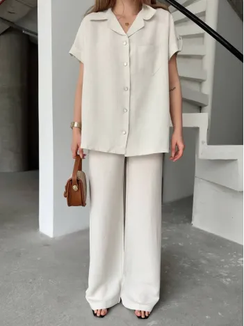Keten Kısa Kollu Cepli Gömlek Pantolon ikili Takım - Beyaz Keten Kısa Kollu Cepli Gömlek Pantolon ikili Takım - Beyaz