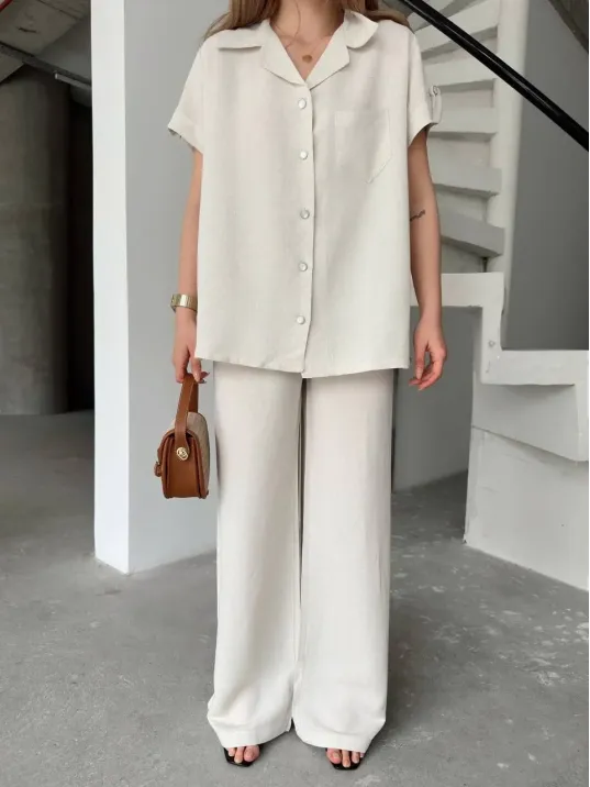 Keten Kısa Kollu Cepli Gömlek Pantolon ikili Takım - Beyaz Keten Kısa Kollu Cepli Gömlek Pantolon ikili Takım - Beyaz