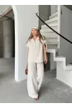 Keten Kısa Kollu Cepli Gömlek Pantolon İkili Takım - Beyaz