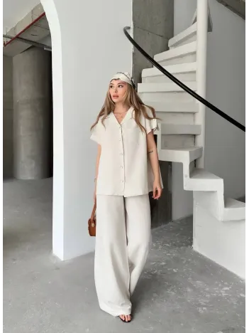 Keten Kısa Kollu Cepli Gömlek Pantolon ikili Takım - Beyaz Keten Kısa Kollu Cepli Gömlek Pantolon ikili Takım - Beyaz