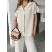 Keten Kısa Kollu Cepli Gömlek Pantolon ikili Takım - Beyaz