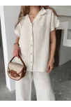 Keten Kısa Kollu Cepli Gömlek Pantolon İkili Takım - Beyaz