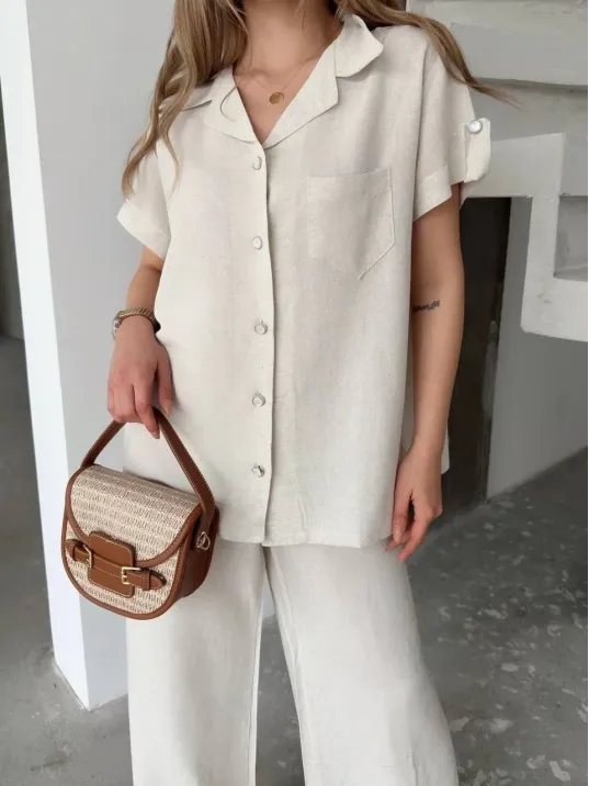 Keten Kısa Kollu Cepli Gömlek Pantolon ikili Takım - Beyaz