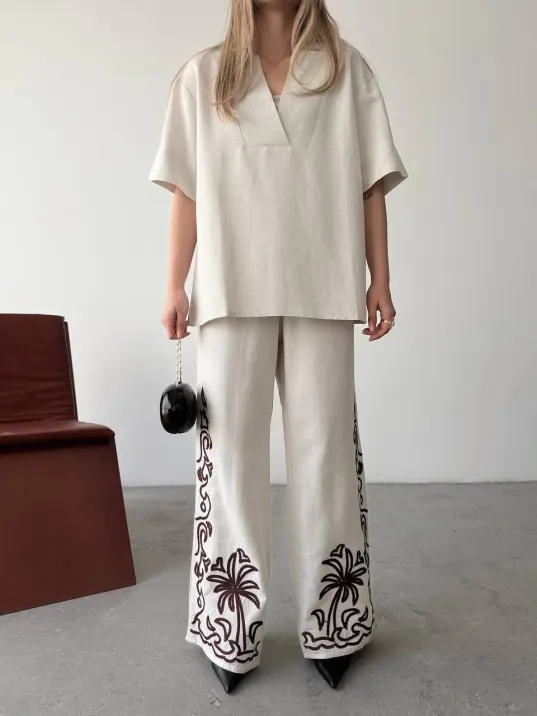 Keten Kısa kolu V Yaka Bluz Pantolon ikili Takım- Beyaz