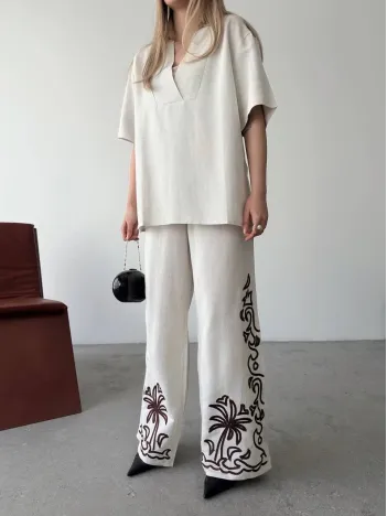 Keten Kısa kolu V Yaka Bluz Pantolon ikili Takım- Beyaz Keten Kısa kolu V Yaka Bluz Pantolon ikili Takım- Beyaz