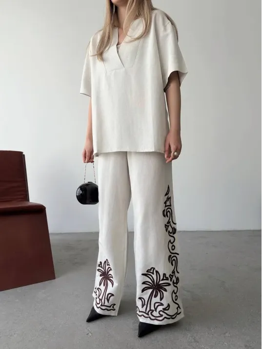 Keten Kısa kolu V Yaka Bluz Pantolon ikili Takım- Beyaz