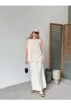Keten Kolsuz Sıfır Yaka İlik Düğmeli Kolsuz Hırka Etek İkili Takım- Beyaz Keten Kolsuz Sıfır Yaka İlik Düğmeli Kolsuz Hırka Etek İkili Takım- Beyaz