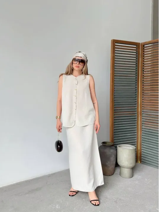 Keten Kolsuz Sıfır Yaka İlik Düğmeli Kolsuz Hırka Etek ikili Takım- Beyaz