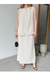 Keten Kolsuz Sıfır Yaka İlik Düğmeli Kolsuz Hırka Etek İkili Takım- Beyaz Keten Kolsuz Sıfır Yaka İlik Düğmeli Kolsuz Hırka Etek İkili Takım- Beyaz