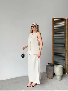 Keten Kolsuz Sıfır Yaka İlik Düğmeli Kolsuz Hırka Etek İkili Takım- Beyaz