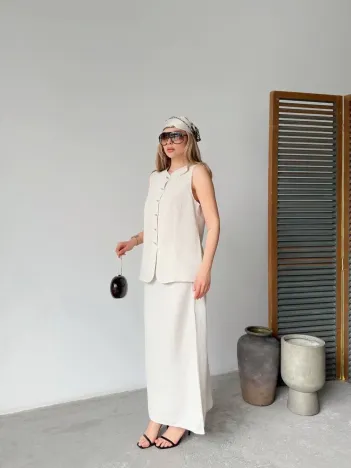 Keten Kolsuz Sıfır Yaka İlik Düğmeli Kolsuz Hırka Etek ikili Takım- Beyaz Keten Kolsuz Sıfır Yaka İlik Düğmeli Kolsuz Hırka Etek ikili Takım- Beyaz