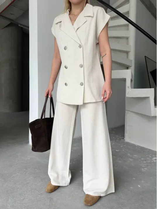 Keten Sıfır Kol Blezer Ceket Pantolon ikili Takım- Beyaz Keten Sıfır Kol Blezer Ceket Pantolon ikili Takım- Beyaz